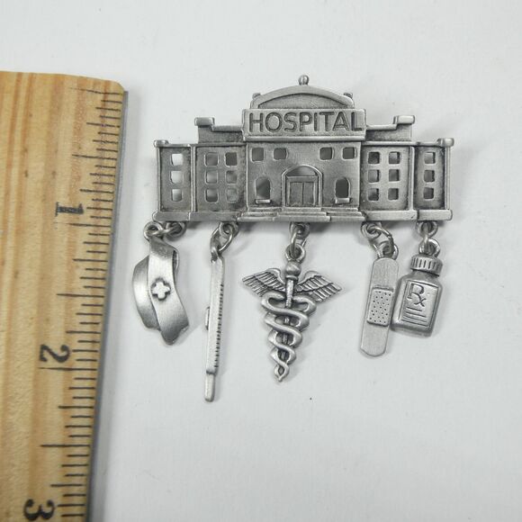 JJ Hospital Pin Pewter Doctor Nurse Medical Dangle Charms Vintage Jonette - Picture 5 of 8